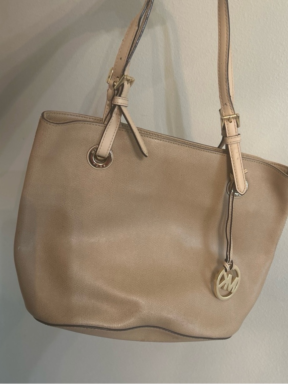 Michael Kors Beige Leather Tote with Gold Logo Charm